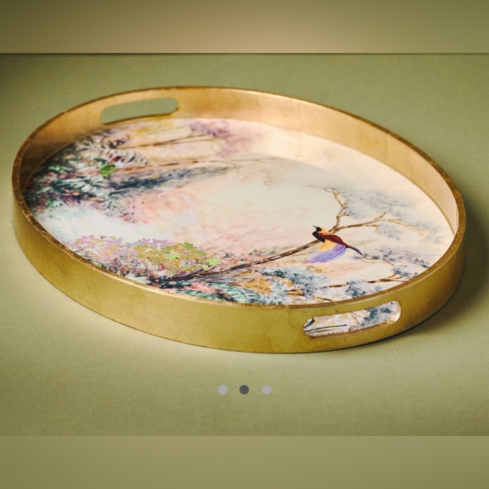 Anthropologie Gold and Multicolor Bird Alexandra Lacquer Tray 24"L X 18.5"W New - Picture 2 of 5